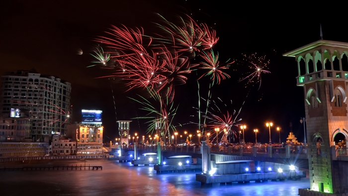 Fireworks over Stanley Bridge in Alexandria, Egypt 4K