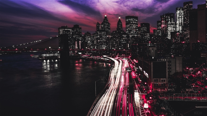Manhattan City Skyline at Night with Bridge and Traffic
