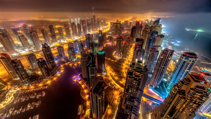 Dubai Buildings at Night from Top View 4K