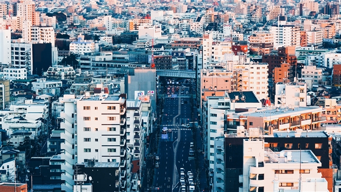 Aerial view of a dense city street in Tokyo