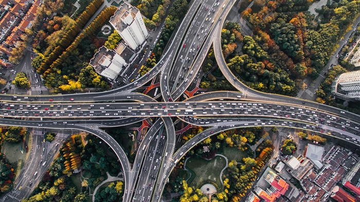 Aerial view of Shanghai highway interchange with traffic