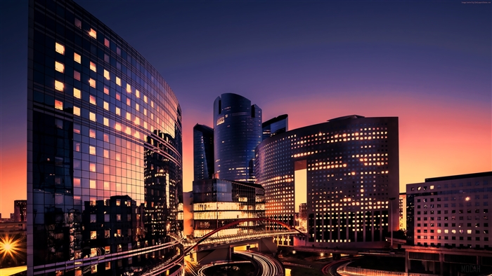 Modern skyscrapers in Paris at sunset 4K