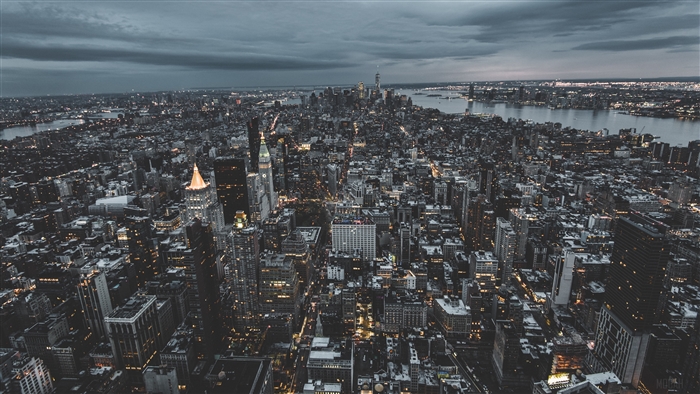 New York City skyscrapers from above at dusk 4K