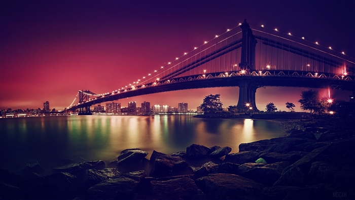 Manhattan Bridge at night, New York City skyline