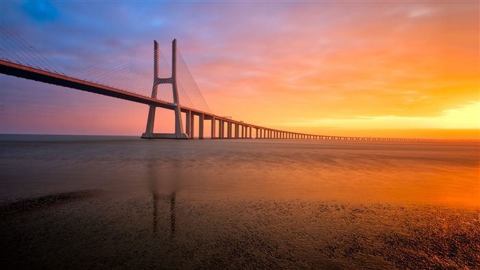 Vasco da Gama Bridge at sunset, Lisbon, Portugal 4K