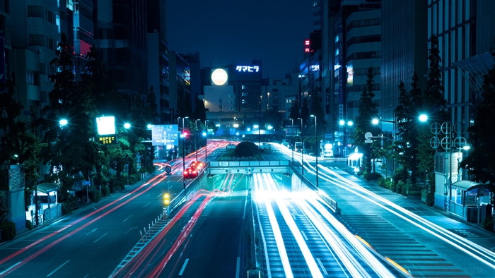 Night city road with light trails in Tokyo, Japan 4K