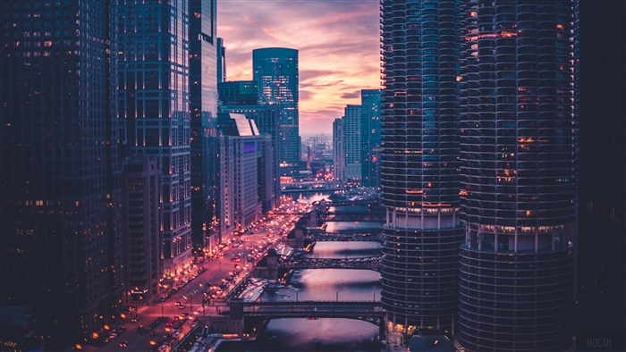 Chicago skyscrapers and bridges at sunset 4K