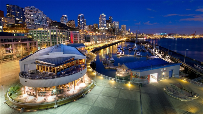 Seattle waterfront at night with city skyline and marina