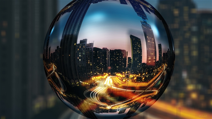 Cityscape reflected in a glass ball 4K