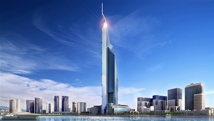 Modern skyscraper and cityscape by the sea