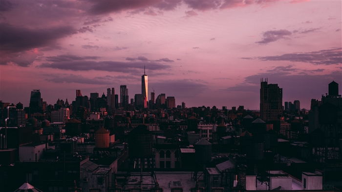 New York City skyline at sunset with clouds 4K