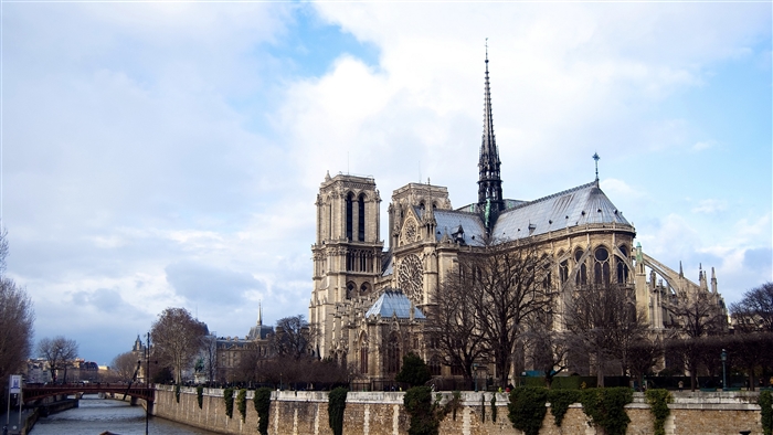 Notre Dame Cathedral and Seine River in Paris, France 4K