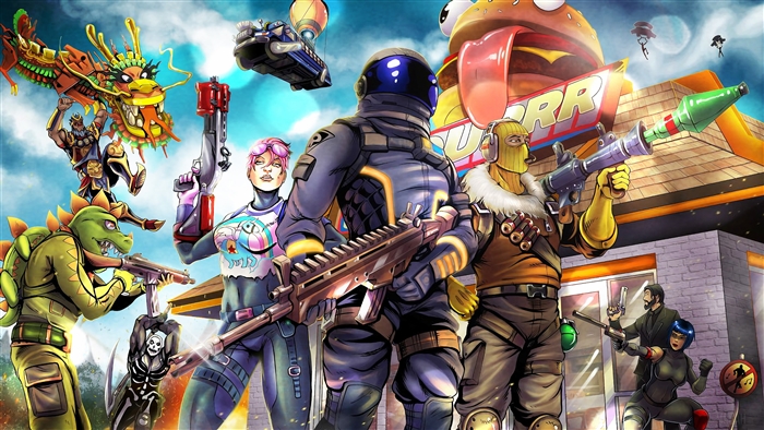Fortnite characters in front of Durrr Burger restaurant