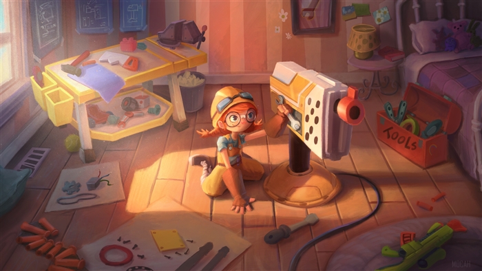 Girl working on a toy gun in a bedroom