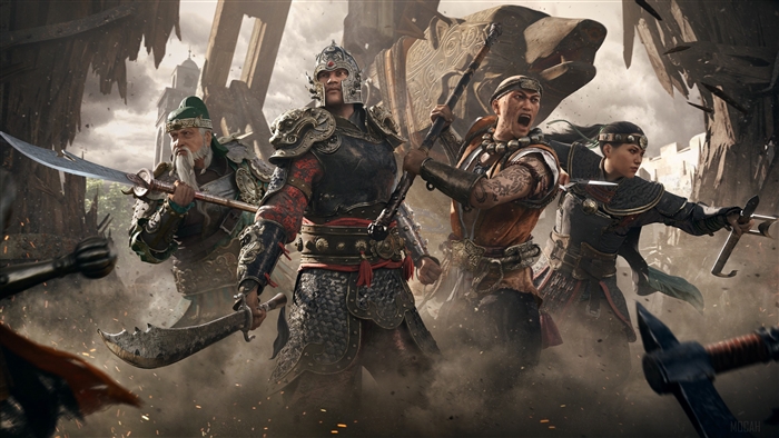 Warriors in battle with swords and axes