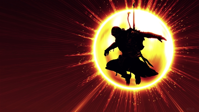 Assassin from Assassin's Creed Origins in front of sun 4K