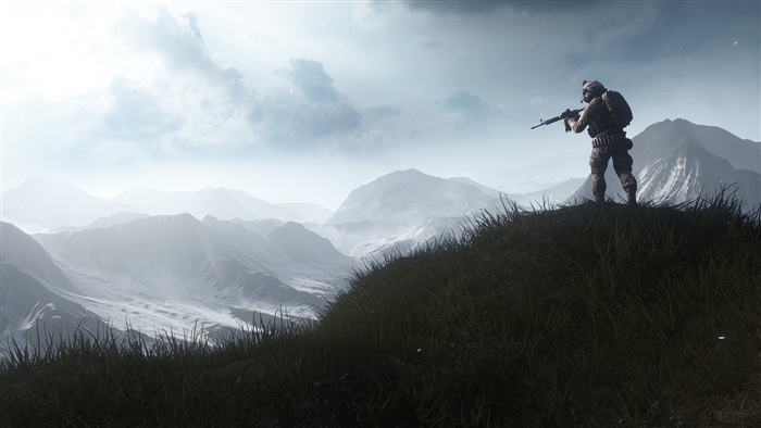 Soldier with rifle on mountain ridge in Battlefield 4 4K