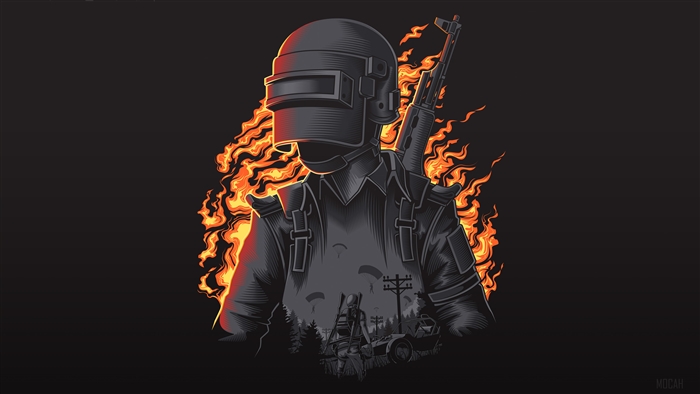 PUBG character with rifle and flames 4K