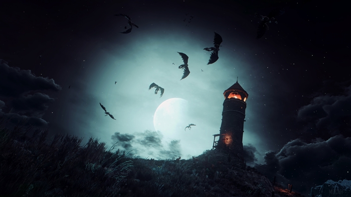 Dragons flying around a lighthouse at night