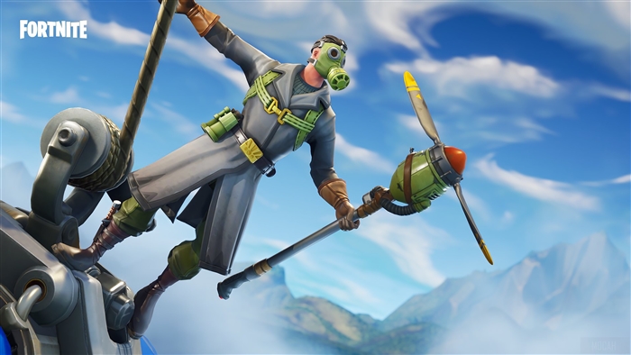 Fortnite character with gas mask and propeller