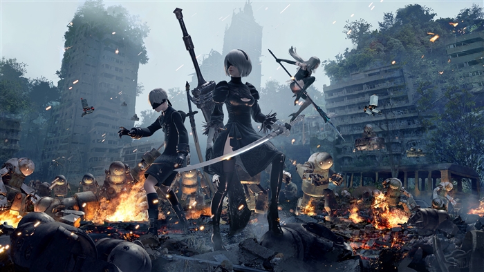 2B, 9S, and A2 from NieR:Automata in 4K