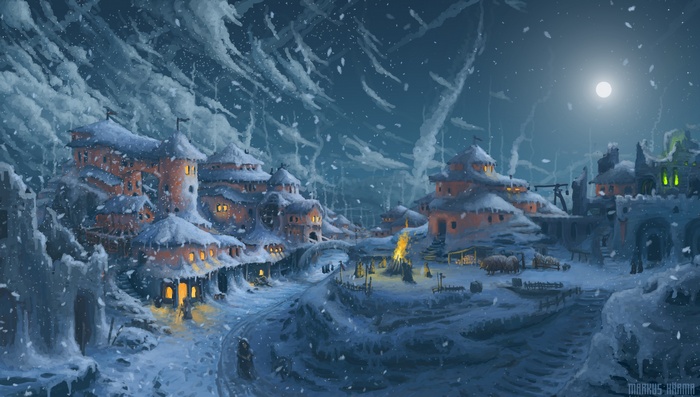Fantasy village in a snowstorm at night