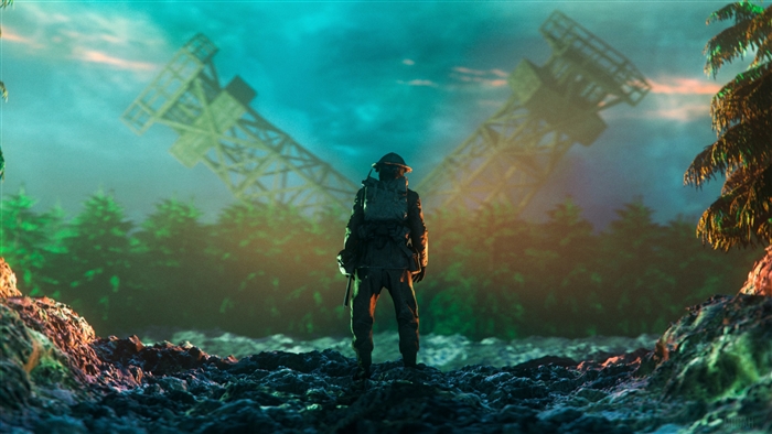 Soldier in a desolate landscape with ruined towers