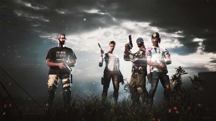 Four armed people in a post-apocalyptic setting