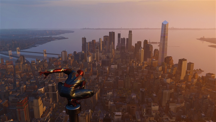 Spider-Man from Spider-Man PS4 overlooking a city at sunset 4K