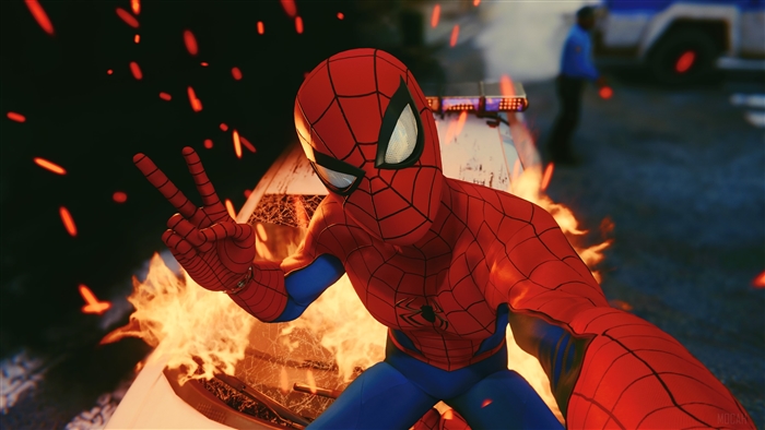Spider-Man taking a selfie with fire and police car