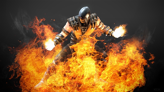 Scorpion from Mortal Kombat X surrounded by hellfire
