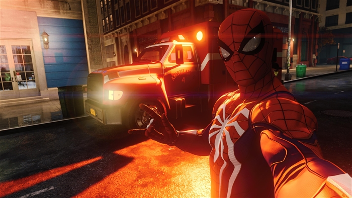 Spider-Man taking a selfie with an ambulance in 4K