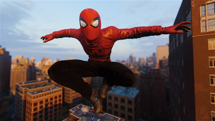 Spider-Man in Red Jacket Jumping Over City 4K