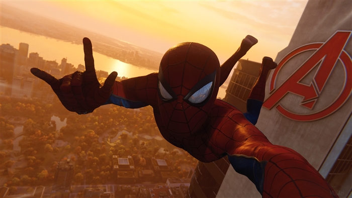 Spider-Man taking a selfie with Avengers Tower 4K