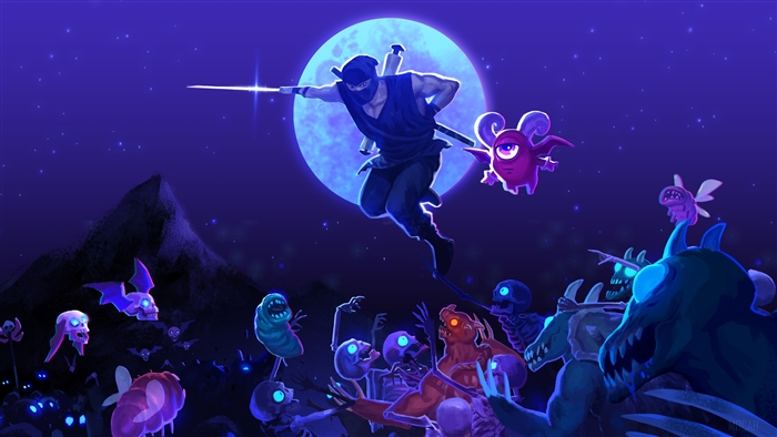 Ninja fighting monsters under the moon
