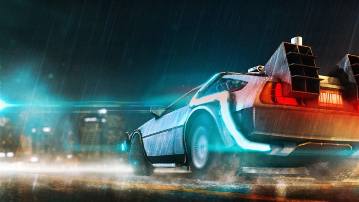 DeLorean time machine from Back to the Future in the rain 4K
