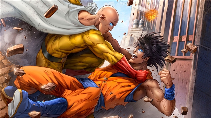 Goku and Saitama fighting in a city 4K