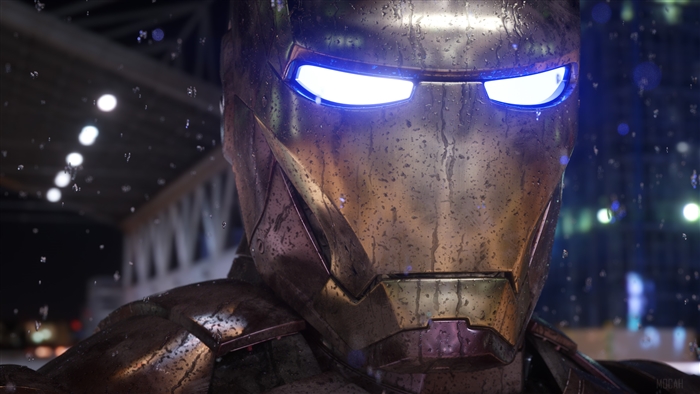 Iron Man mask with blue eyes in the rain 4K