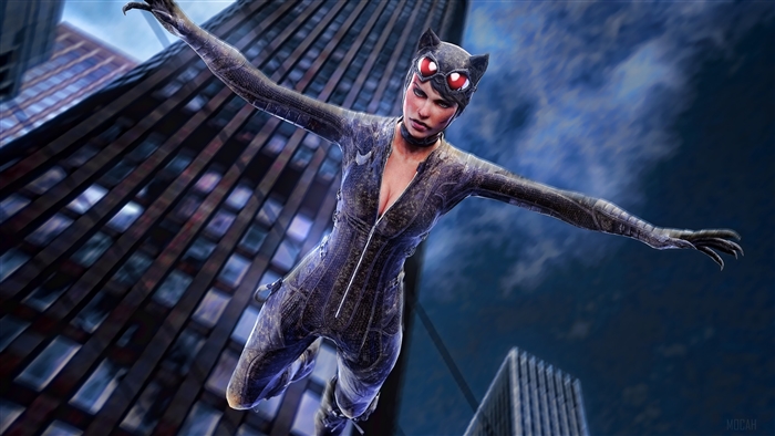 Catwoman jumping from a skyscraper artwork 4K