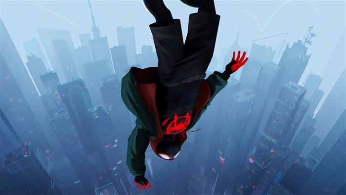 Spider-Man (Miles Morales) falling over a city