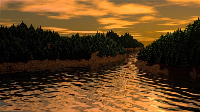 3D River Landscape with Forest and Sunset Sky 4K