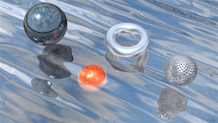 Abstract shapes and spheres on a reflective surface