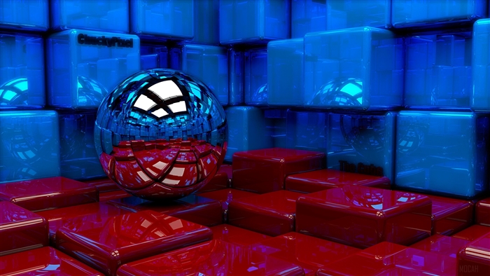 Metal ball on red and blue cubes 4K