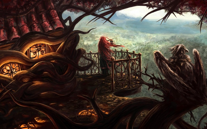 Girl on a balcony with a bird in a treehouse