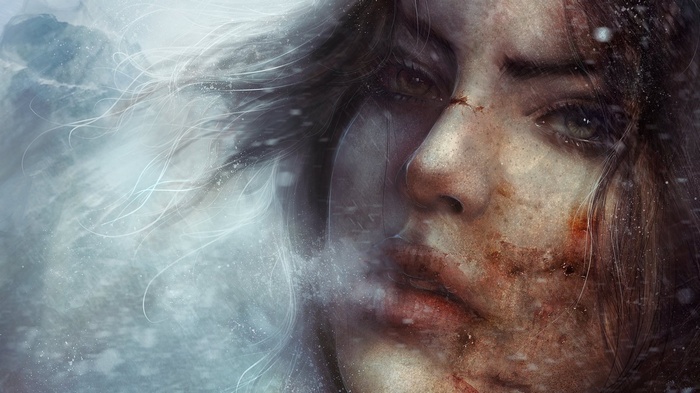 Lara Croft in a cold, snowy environment