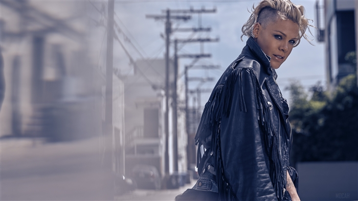 Pink in leather jacket on street 4K