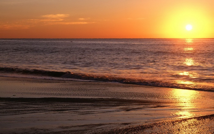 Sunset over the ocean with waves on the beach