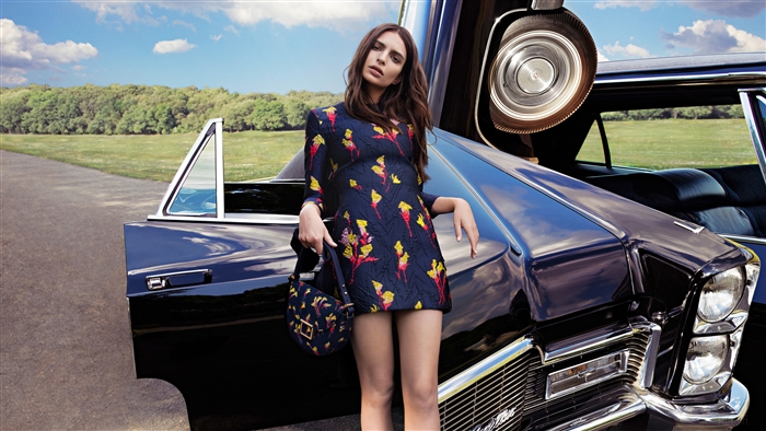 Emily Ratajkowski in a floral dress by a vintage car 4K