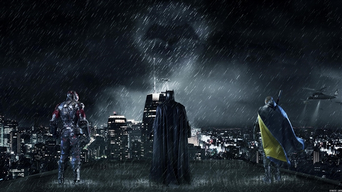 Batman and allies on a rooftop in the rain