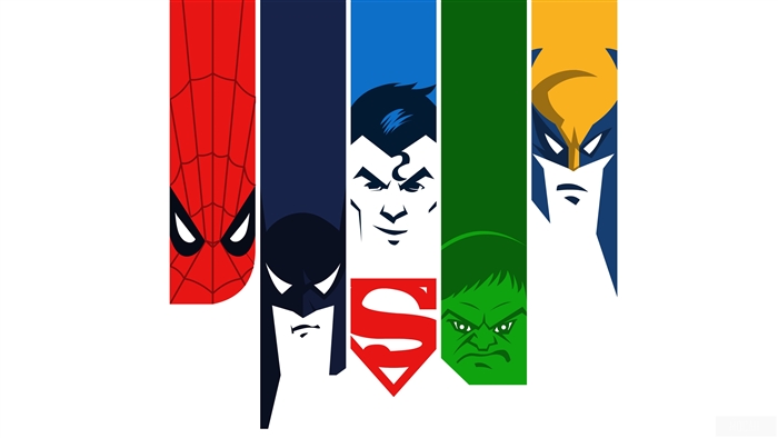 Minimalist 4K comic book heroes: Spiderman, Batman, Superman, Hulk, Wolverine